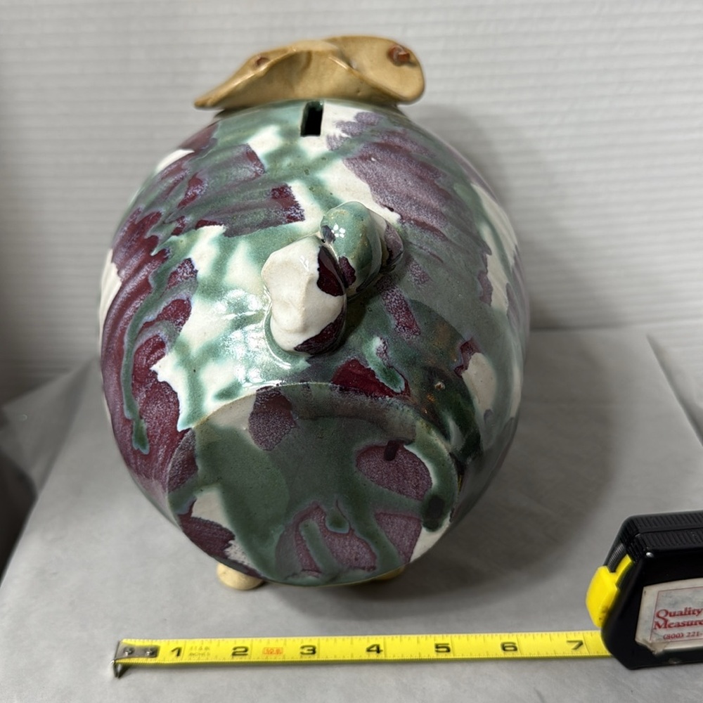 Large Vtg Pottery Studio Ceramic Art Piggy Bank Drip Glaze Cowboy Hat Multicolor - Picture 9 of 11